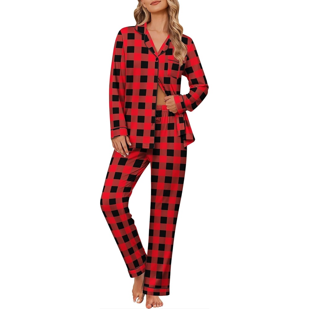 image:imageEkouaer Womens Pajama Sets Button Down Long Sleeve amp Pants loungewearRed Plaid