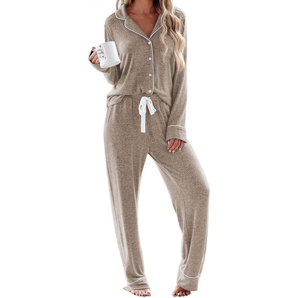 image:imageEkouaer Womens Pajamas Long Sleeve Loungewear Casual Button Down Pjs Soft SleepwearNotch CollarElastic Waist Pants with Side PocketsAdjustable DrawstringPajama PartyMaternityPostpartumLight Grey Khaki