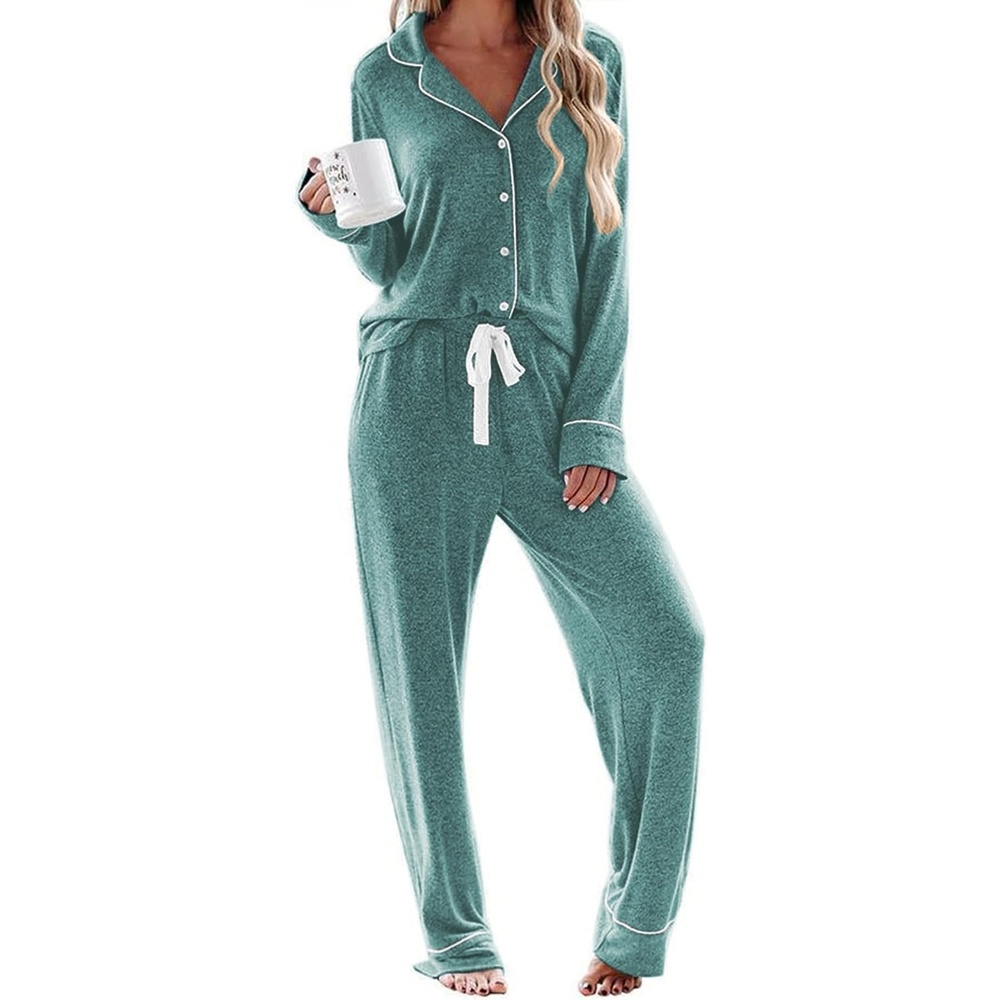 image:imageEkouaer Womens Pajamas Long Sleeve Loungewear Casual Button Down Pjs Soft SleepwearNotch CollarElastic Waist Pants with Side PocketsAdjustable DrawstringPajama PartyMaternityPostpartumGreen