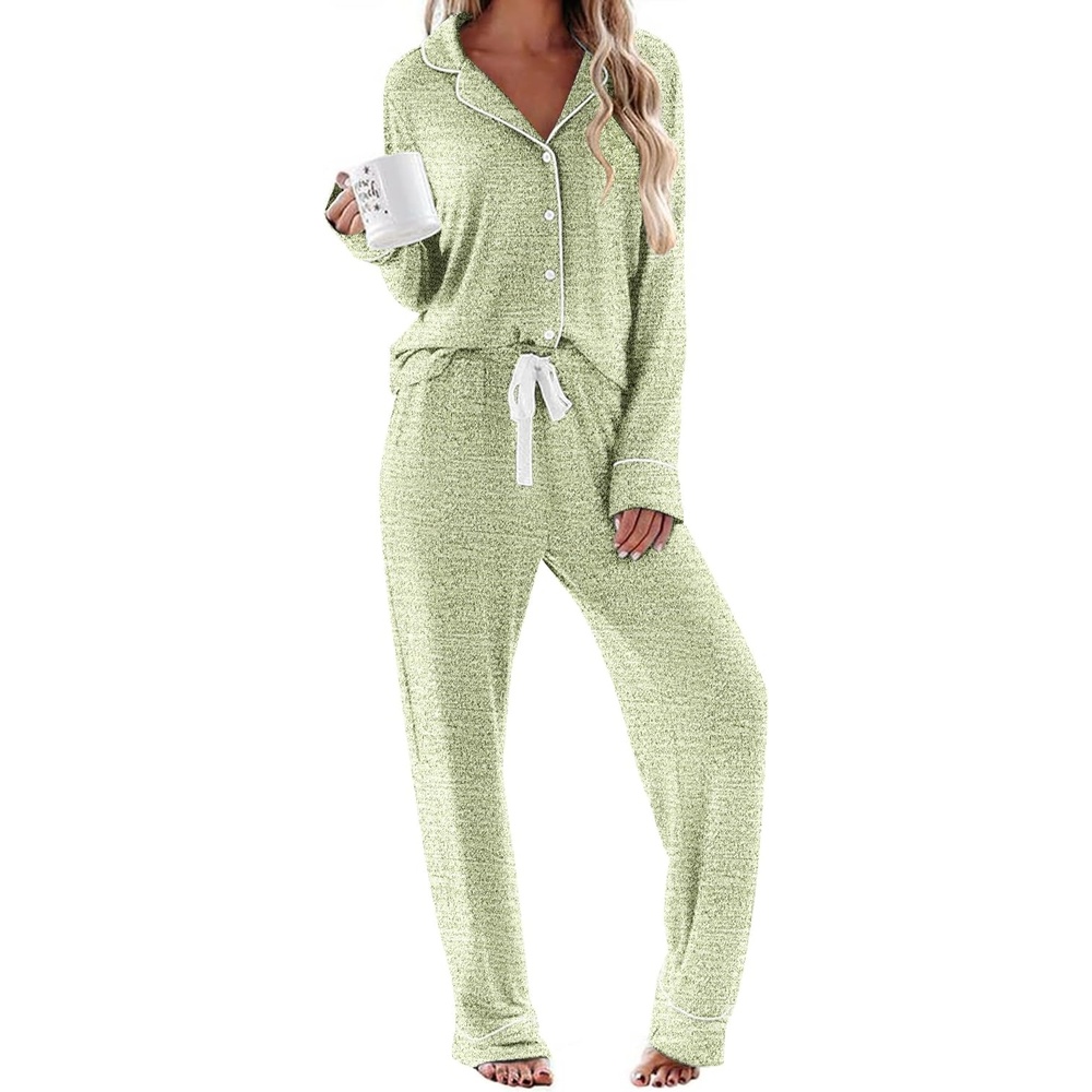 image:imageEkouaer Womens Pajamas Long Sleeve Loungewear Casual Button Down Pjs Soft SleepwearNotch CollarElastic Waist Pants with Side PocketsAdjustable DrawstringPajama PartyMaternityPostpartumLight Green