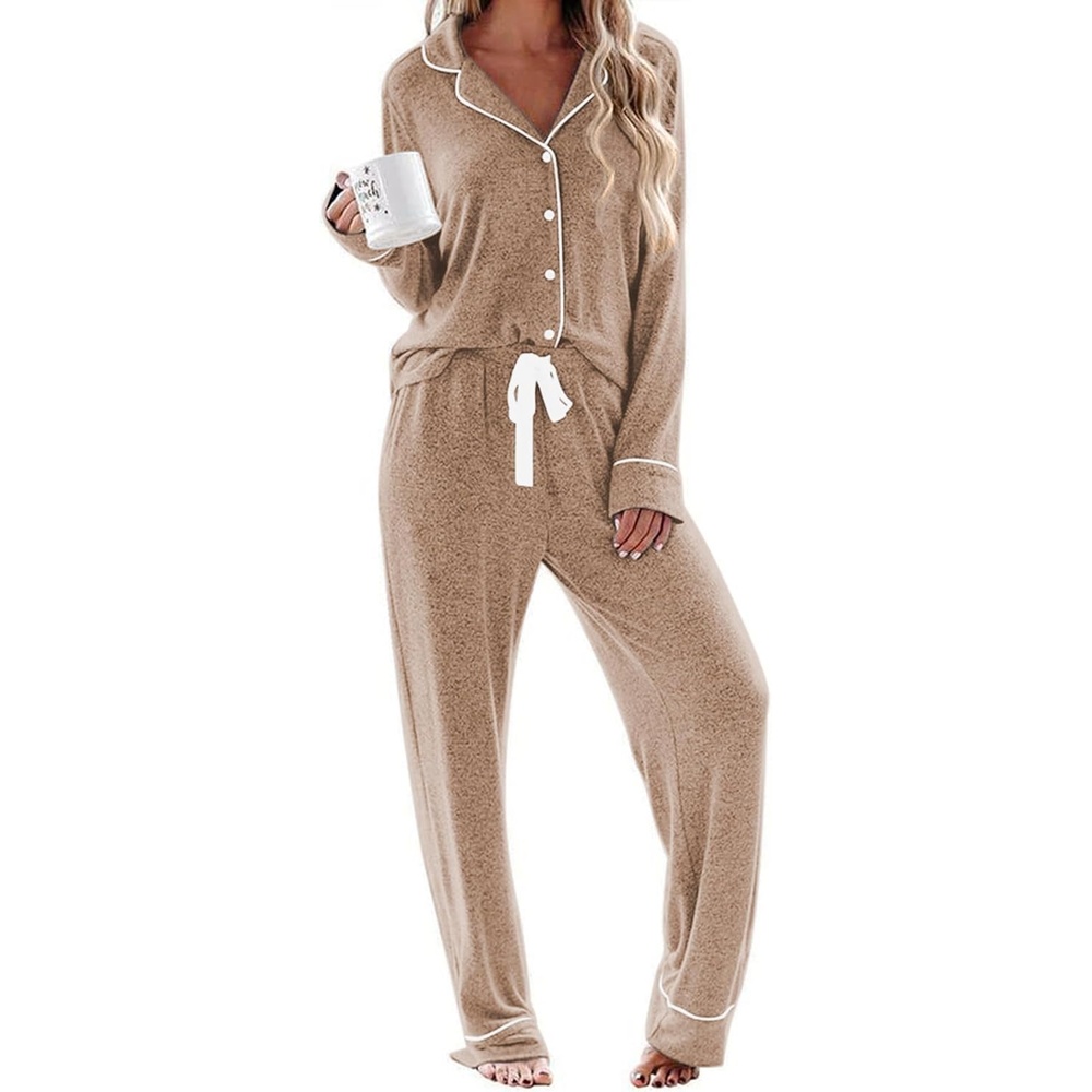 image:imageEkouaer Womens Pajamas Long Sleeve Loungewear Casual Button Down Pjs Soft SleepwearNotch CollarElastic Waist Pants with Side PocketsAdjustable DrawstringPajama PartyMaternityPostpartumLight Brown