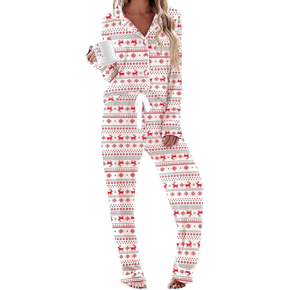 image:imageEkouaer Womens Pajamas Long Sleeve Loungewear Casual Button Down Pjs Soft SleepwearNotch CollarElastic Waist Pants with Side PocketsAdjustable DrawstringPajama PartyMaternityPostpartumChristmas Reindeer