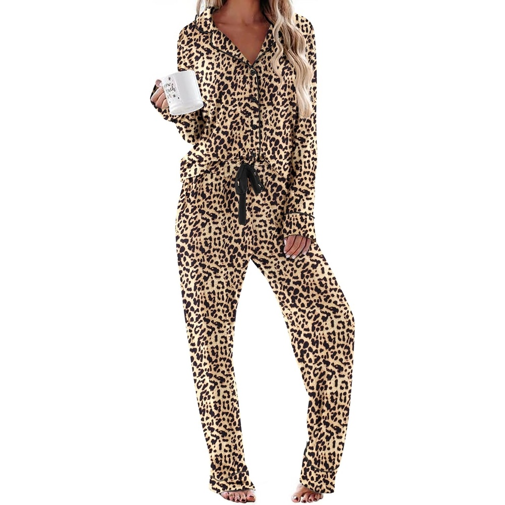 image:imageEkouaer Womens Pajamas Long Sleeve Loungewear Casual Button Down Pjs Soft SleepwearNotch CollarElastic Waist Pants with Side PocketsAdjustable DrawstringPajama PartyMaternityPostpartumLeopard