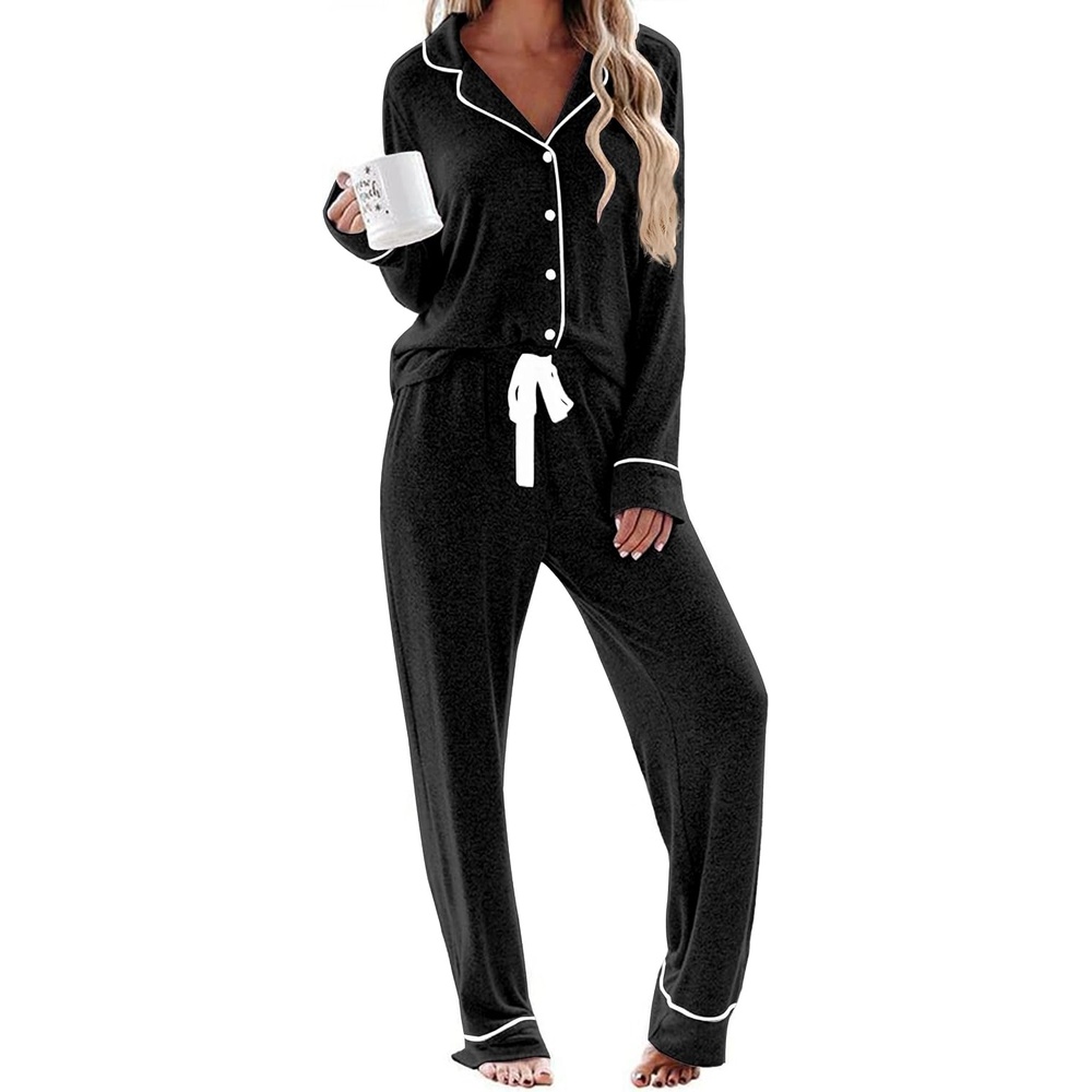 image:imageEkouaer Womens Pajamas Long Sleeve Loungewear Casual Button Down Pjs Soft SleepwearNotch CollarElastic Waist Pants with Side PocketsAdjustable DrawstringPajama PartyMaternityPostpartumBlack