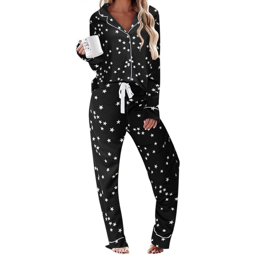 image:imageEkouaer Womens Pajamas Long Sleeve Loungewear Casual Button Down Pjs Soft SleepwearNotch CollarElastic Waist Pants with Side PocketsAdjustable DrawstringPajama PartyMaternityPostpartumBlack With Stars