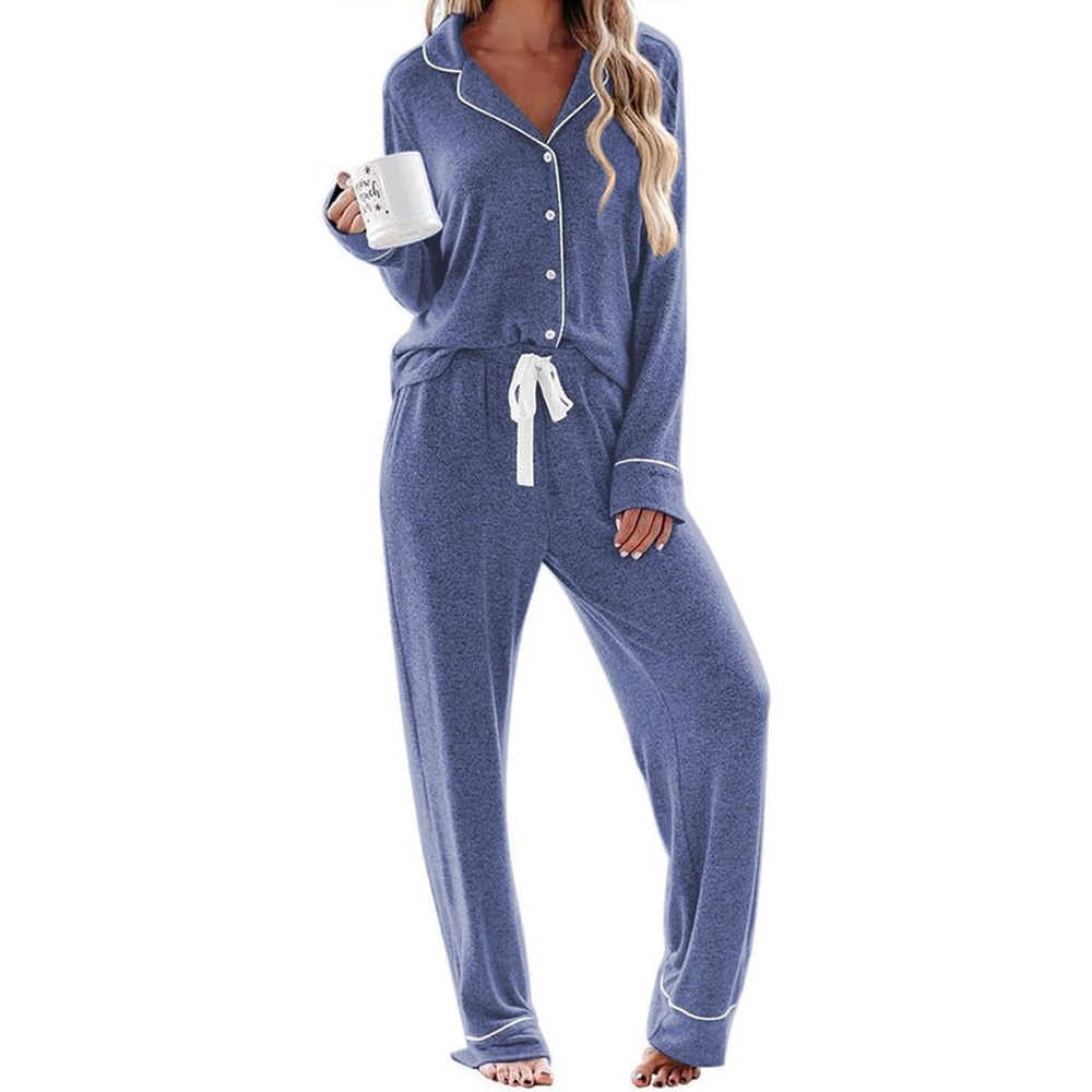 image:imageEkouaer Womens Pajamas Long Sleeve Loungewear Casual Button Down Pjs  Soft SleepwearNotch CollarElastic Waist Pants with Side PocketsAdjustable DrawstringPajama PartyMaternityPostpartumNavy