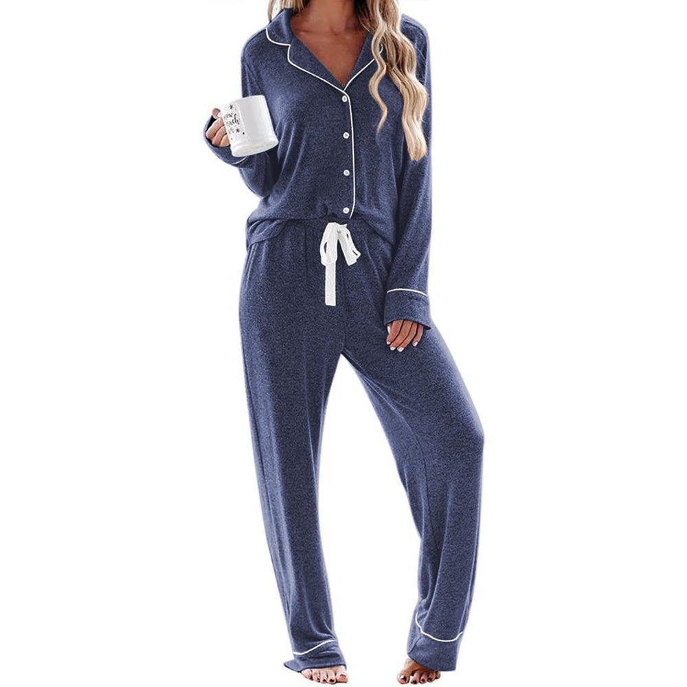 image:imageEkouaer Womens Pajamas Long Sleeve Loungewear Casual Button Down Pjs Soft SleepwearNotch CollarElastic Waist Pants with Side PocketsAdjustable DrawstringPajama PartyMaternityPostpartumDark Blue