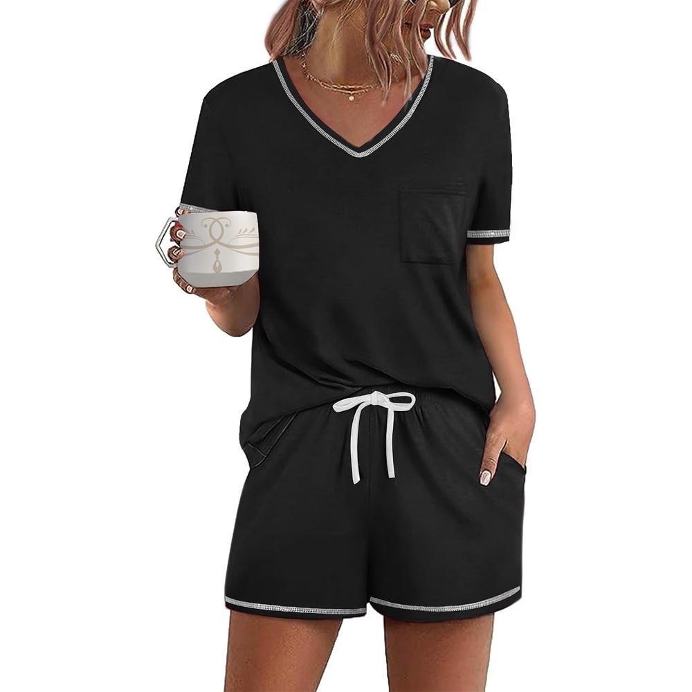 image:imageEkouaer Womens Pajamas Sets Short Sleeve Pjs Two Piece Sleepwear Casual Lounge Sets With PocketsBlack