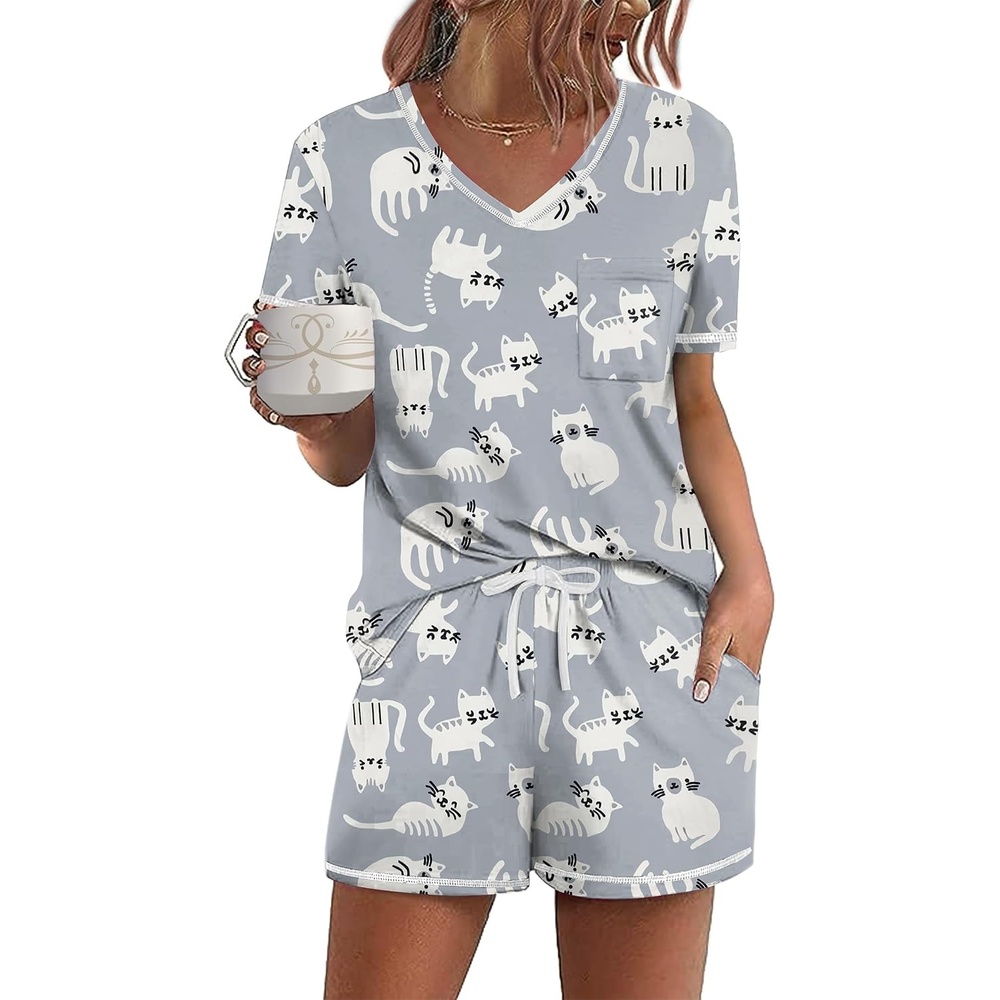 image:imageEkouaer Womens Pajamas Sets Short Sleeve Pjs Two Piece Sleepwear Casual Lounge Sets With PocketsCat