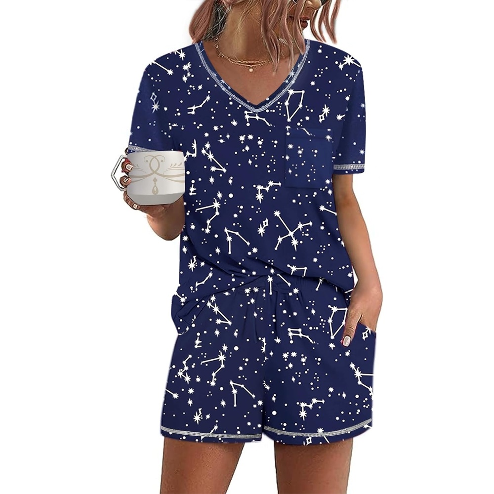 image:imageEkouaer Womens Pajamas Sets Short Sleeve Pjs Two Piece Sleepwear Casual Lounge Sets With PocketsNavy Blue Star