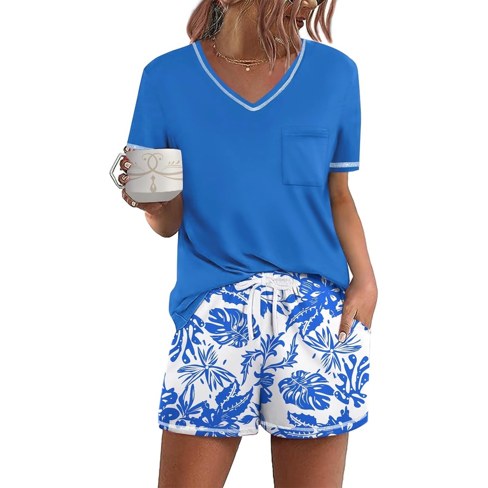 image:imageEkouaer Womens Pajamas Sets Short Sleeve Pjs Two Piece Sleepwear Casual Lounge Sets With PocketsRoyal Blue Plant