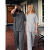 Ekouaer 2 Pack Womens Pajamas Sets Short Sleeve Long Pants Pjs Lounge Set | Comfy Soft Crew Neck Sleepwear with Pockets,Casual Printed Matching Sets for Daily Wear,Gifts,Mom,Friend,Maternity(Dark Grey/Grey Striped)