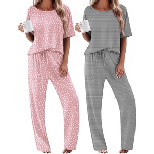Ekouaer 2 Pack Womens Pajamas Sets Short Sleeve Long Pants Pjs Lounge Set | Comfy Soft Crew Neck Sleepwear with Pockets,Casual Printed Matching Sets for Daily Wear,Gifts,Mom,Friend,Maternity(Pink Dots/Black Striped)