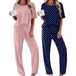 Ekouaer 2 Pack Womens Pajamas Sets Short Sleeve Long Pants Pjs Lounge Set | Comfy Soft Crew Neck Sleepwear with Pockets,Casual Printed Matching Sets for Daily Wear,Gifts,Mom,Friend,Maternity(Navy Dots/Light Pink Striped)