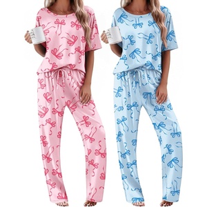 Ekouaer 2 Pack Womens Pajamas Sets Short Sleeve Long Pants Pjs Lounge Set | Comfy Soft Crew Neck Sleepwear with Pockets,Casual Printed Matching Sets for Daily Wear,Gifts,Mom,Friend,Maternity(Pink Bow/Blue Bow)