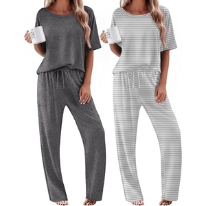 Ekouaer 2 Pack Womens Pajamas Sets Short Sleeve Long Pants Pjs Lounge Set | Comfy Soft Crew Neck Sleepwear with Pockets,Casual Printed Matching Sets for Daily Wear,Gifts,Mom,Friend,Maternity(Dark Grey/Grey Striped)