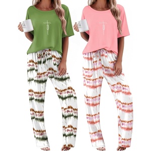 Ekouaer 2 Pack Womens Pajamas Sets Short Sleeve Long Pants Pjs Lounge Set | Comfy Soft Crew Neck Sleepwear with Pockets,Casual Printed Matching Sets for Daily Wear,Gifts,Mom,Friend,Maternity(Ombre Green/Ombre Pink)