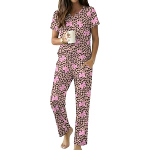 Ekouaer 2 Piece Womens Pajamas Set Short Sleeve Pjs Print Pants Lounge Set | Cute Ladies Pajamas for Women Set,Wide Leg Pants Summer Pjs with Pockets,Loose Fit Vacation Matching Sets Gifts for Women(Leopard-print Bow)