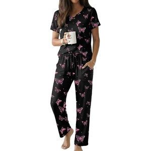 Ekouaer 2 Piece Womens Pajamas Set Short Sleeve Pjs Print Pants Lounge Set | Cute Ladies Pajamas for Women Set,Wide Leg Pants Summer Pjs with Pockets,Loose Fit Vacation Matching Sets Gifts for Women(Black Butterfly)