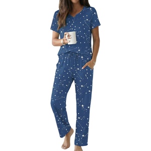 Ekouaer 2 Piece Womens Pajamas Set Short Sleeve Pjs Print Pants Lounge Set | Cute Ladies Pajamas for Women Set,Wide Leg Pants Summer Pjs with Pockets,Loose Fit Vacation Matching Sets Gifts for Women(Blue Stars)