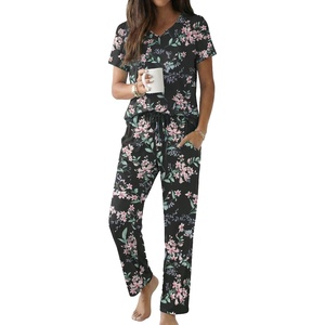 Ekouaer 2 Piece Womens Pajamas Set Short Sleeve Pjs Print Pants Lounge Set | Cute Ladies Pajamas for Women Set,Wide Leg Pants Summer Pjs with Pockets,Loose Fit Vacation Matching Sets Gifts for Women(Flowers Black)