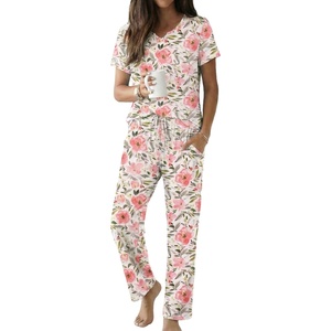 Ekouaer 2 Piece Womens Pajamas Set Short Sleeve Pjs Print Pants Lounge Set | Cute Ladies Pajamas for Women Set,Wide Leg Pants Summer Pjs with Pockets,Loose Fit Vacation Matching Sets Gifts for Women(White Flower)