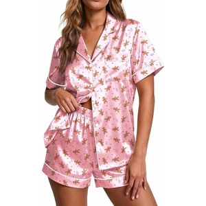 Ekouaer Pajamas for Women Set Silk Satin Pjs 2 Piece Button Down Sleepwear | Classic Notch Collar Pjs,Soft Casual Sleepwear,Loungewear Top and Shorts for Bridal Gifts,Daily Wear,Party,Vacation(Christmas Gingerbread Man)