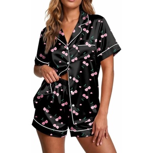 Ekouaer Pajamas for Women Set Silk Satin Pjs 2 Piece Button Down Sleepwear | Classic Notch Collar Pjs,Soft Casual Sleepwear,Loungewear Top and Shorts for Bridal Gifts,Daily Wear,Party,Vacation(Cherry)