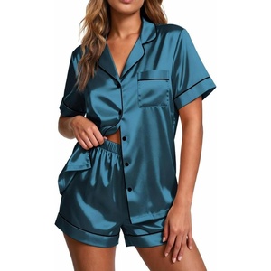 Ekouaer Pajamas for Women Set Silk Satin Pjs 2 Piece Button Down Sleepwear | Classic Notch Collar Pjs,Soft Casual Sleepwear,Loungewear Top and Shorts for Bridal Gifts,Daily Wear,Party,Vacation(Blue Green)