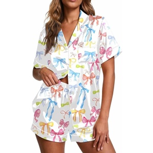 Ekouaer Pajamas for Women Set Silk Satin Pjs 2 Piece Button Down Sleepwear | Classic Notch Collar Pjs,Soft Casual Sleepwear,Loungewear Top and Shorts for Bridal Gifts,Daily Wear,Party,Vacation(Colorful Bow)