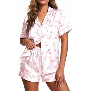 Ekouaer Pajamas for Women Set Silk Satin Pjs 2 Piece Button Down Sleepwear | Classic Notch Collar Pjs,Soft Casual Sleepwear,Loungewear Top and Shorts for Bridal Gifts,Daily Wear,Party,Vacation(Cherry Bow)
