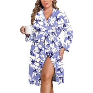 Ekouaer Women Plus Size Robe Knee Length Lightweight Bathrobe Short Kimono Robes with Pockets Maternity Robe | V Neck,Knee Length,Kimono,Soft,Comfy,Maternity Robes(Purple White Flowers)