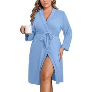 Ekouaer Women Plus Size Robe Knee Length Lightweight Bathrobe Short Kimono Robes with Pockets Maternity Robe | V Neck,Knee Length,Kimono,Soft,Comfy,Maternity Robes(Light Blue)