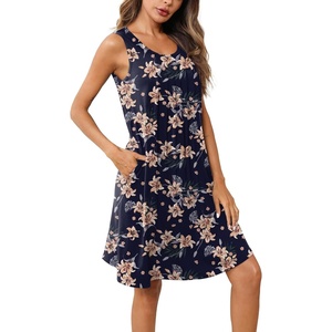 Ekouaer Womens Nightgowns Sleeveless Tank Sleep Shirts Pleated Nightshirt | Pleated Tank Nightgown, A-line Fit Any Figure, Easy-wearing Sleepwear, Nighty for Date Night, Maternity Gown, Lounge Outside(Blue Yellow Flower)