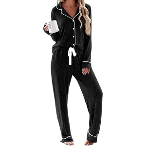 Ekouaer Women’s Pajamas Long Sleeve Loungewear Casual Button Down Pjs | Soft Sleepwear,Notch Collar,Elastic Waist Pants with Side Pockets,Adjustable Drawstring,Pajama Party,Maternity,Postpartum(Black)