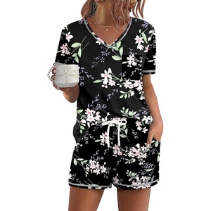 Ekouaer Women’s Pajamas Sets Short Sleeve Pjs Two Piece Sleepwear Casual Lounge Sets With Pockets(Black Floral)