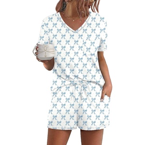 Ekouaer Women’s Pajamas Sets Short Sleeve Pjs Two Piece Sleepwear Casual Lounge Sets With Pockets(Blue Bow)