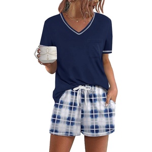 Ekouaer Women’s Pajamas Sets Short Sleeve Pjs Two Piece Sleepwear Casual Lounge Sets With Pockets(Blue White Plaid)