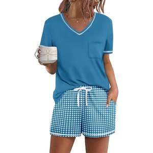 Ekouaer Women’s Pajamas Sets Short Sleeve Pjs Two Piece Sleepwear Casual Lounge Sets With Pockets(Plaid Blue White)