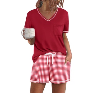 Ekouaer Women’s Pajamas Sets Short Sleeve Pjs Two Piece Sleepwear Casual Lounge Sets With Pockets(Plaid Red White)
