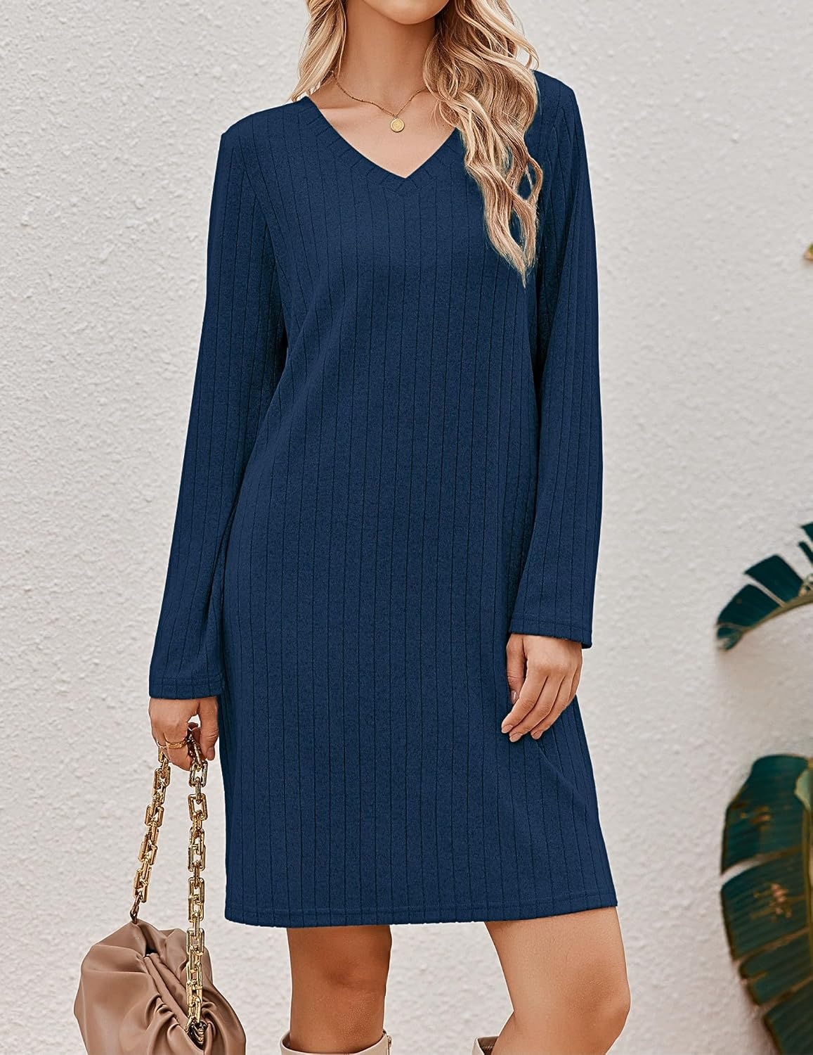 image:imageEkouaer Long Sleeve Nightgowns for Women V Neck Ribbed Knit Sleepwear S3XL Soft Cozy Stretchy Sleepshirt Loose Fit House Dress for Sleep Home Casual Time Going Out PartyNavy Blue