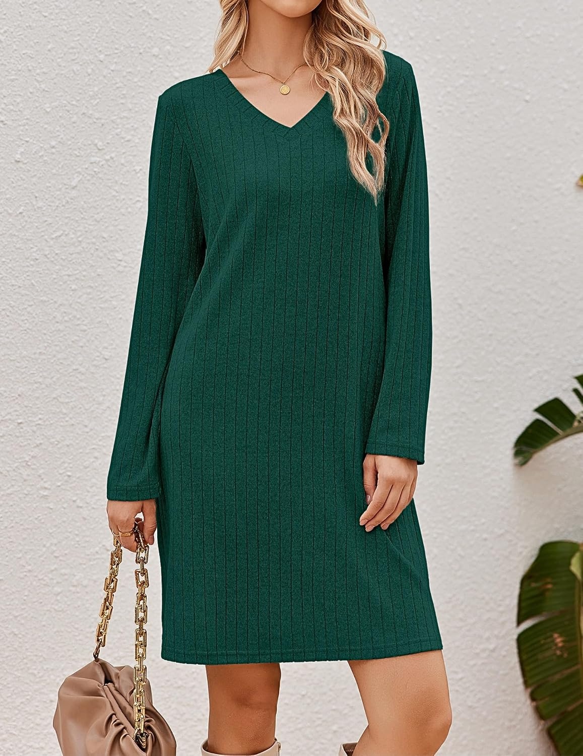 image:imageEkouaer Long Sleeve Nightgowns for Women V Neck Ribbed Knit Sleepwear S3XL Soft Cozy Stretchy Sleepshirt Loose Fit House Dress for Sleep Home Casual Time Going Out PartyDeep Green