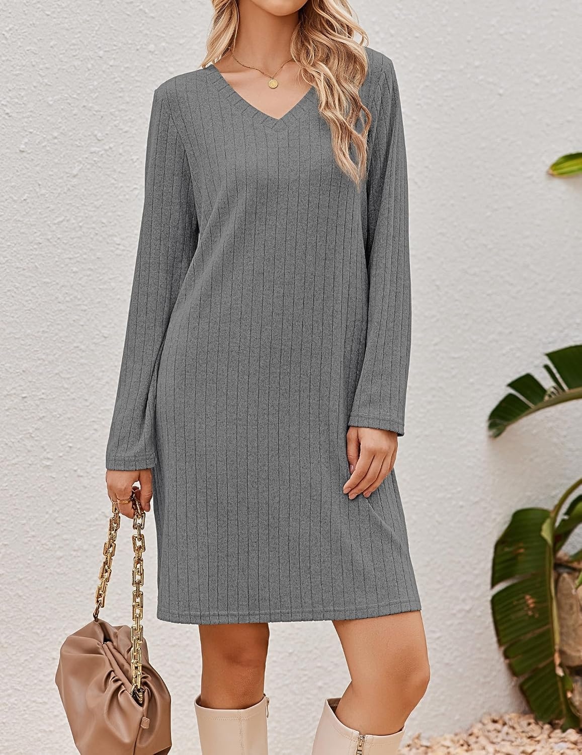 image:imageEkouaer Long Sleeve Nightgowns for Women V Neck Ribbed Knit Sleepwear S3XL Soft Cozy Stretchy Sleepshirt Loose Fit House Dress for Sleep Home Casual Time Going Out PartyMid Grey