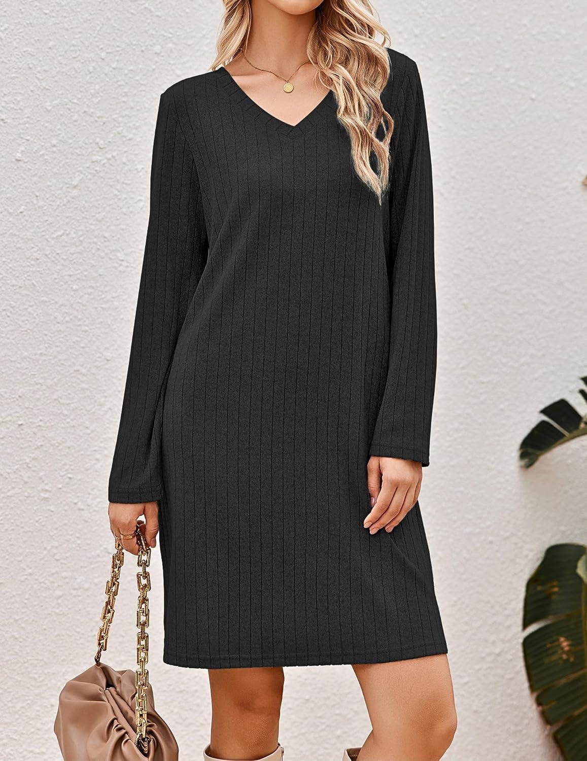 image:imageEkouaer Long Sleeve Nightgowns for Women V Neck Ribbed Knit Sleepwear S3XL Soft Cozy Stretchy Sleepshirt Loose Fit House Dress for Sleep Home Casual Time Going Out PartyBlack