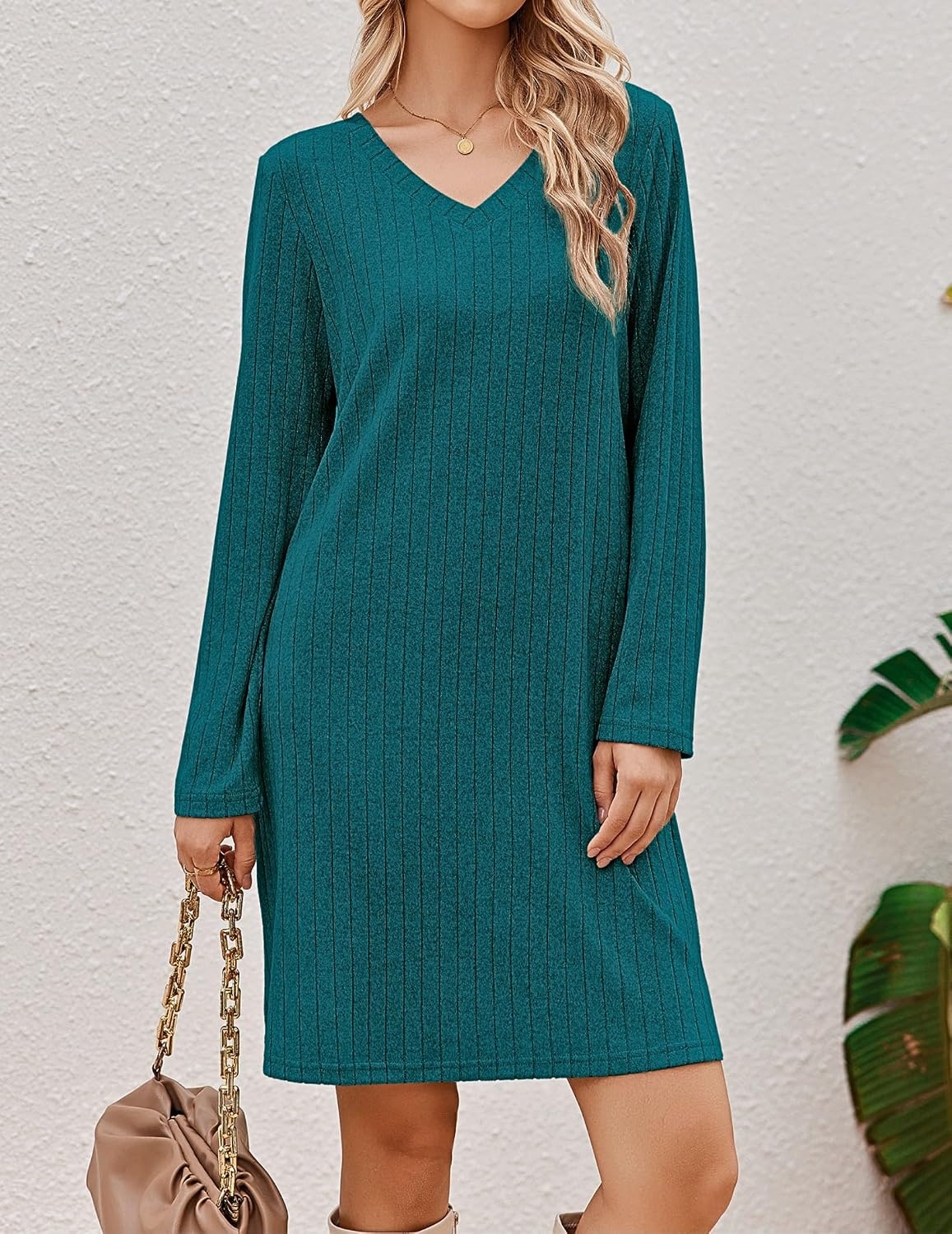 image:imageEkouaer Long Sleeve Nightgowns for Women V Neck Ribbed Knit Sleepwear S3XL Soft Cozy Stretchy Sleepshirt Loose Fit House Dress for Sleep Home Casual Time Going Out PartyBlue Green