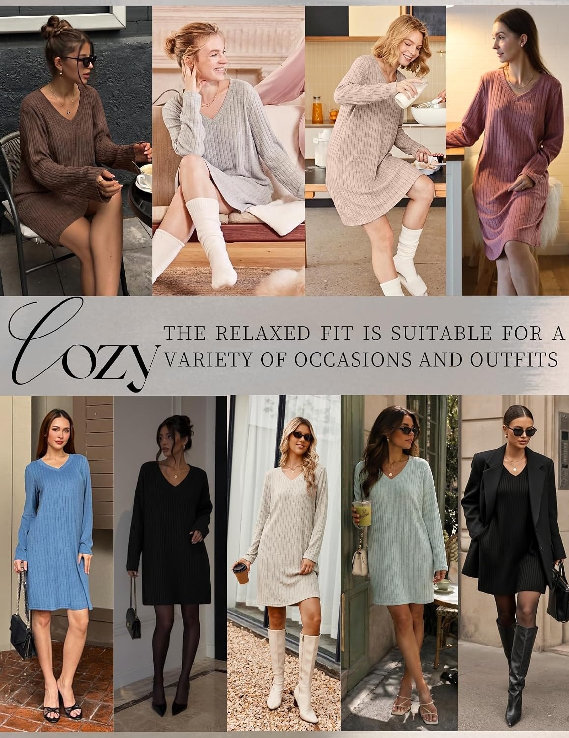 image:imageEkouaer Long Sleeve Nightgowns for Women V Neck Ribbed Knit Sleepwear S3XL Soft Cozy Stretchy Sleepshirt Loose Fit House Dress for Sleep Home Casual Time Going Out PartyBrown