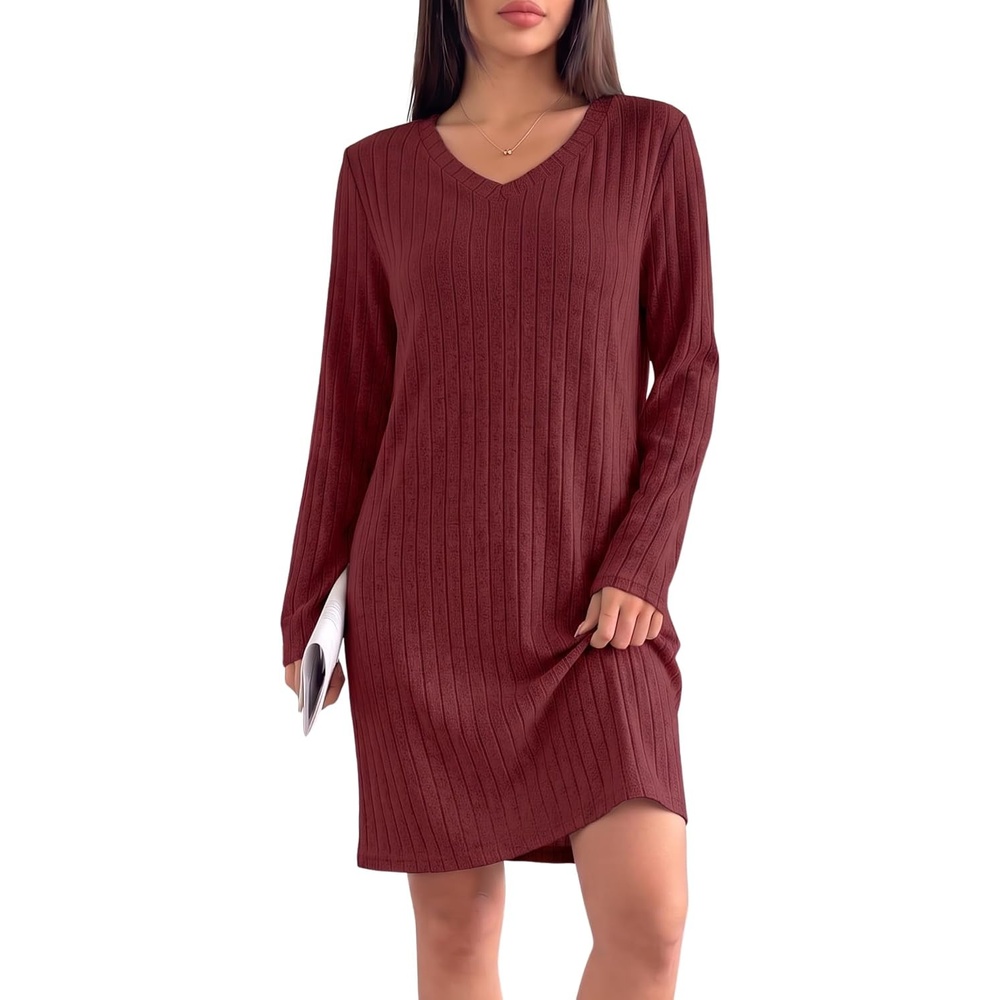 image:imageEkouaer Long Sleeve Nightgowns for Women V Neck Ribbed Knit Sleepwear S3XL Soft Cozy Stretchy Sleepshirt Loose Fit House Dress for Sleep Home Casual Time Going Out PartyWine Red