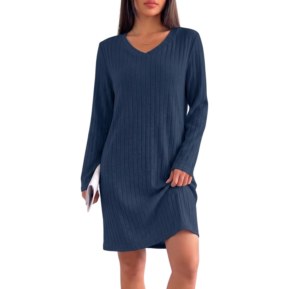 image:imageEkouaer Long Sleeve Nightgowns for Women V Neck Ribbed Knit Sleepwear S3XL Soft Cozy Stretchy Sleepshirt Loose Fit House Dress for Sleep Home Casual Time Going Out PartyNavy Blue