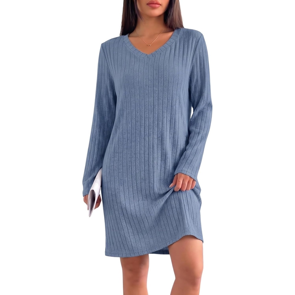 image:imageEkouaer Long Sleeve Nightgowns for Women V Neck Ribbed Knit Sleepwear S3XL Soft Cozy Stretchy Sleepshirt Loose Fit House Dress for Sleep Home Casual Time Going Out PartyBlue