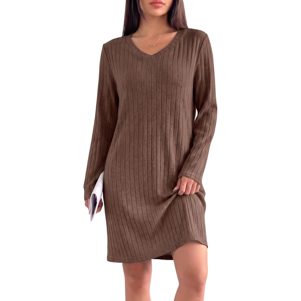 image:imageEkouaer Long Sleeve Nightgowns for Women V Neck Ribbed Knit Sleepwear S3XL Soft Cozy Stretchy Sleepshirt Loose Fit House Dress for Sleep Home Casual Time Going Out PartyBrown